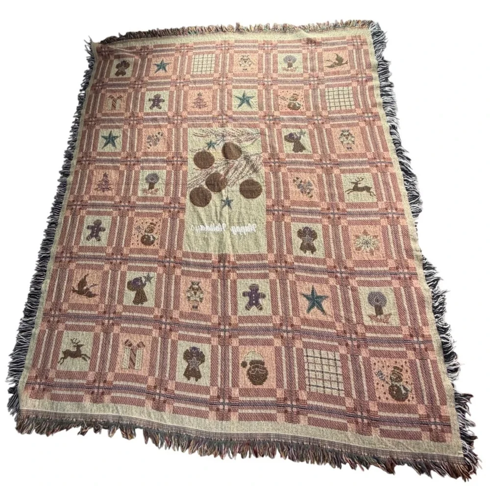 Vintage Happy Holidays Woven Tapestry Throw Blanket Christmas Icons 56x68